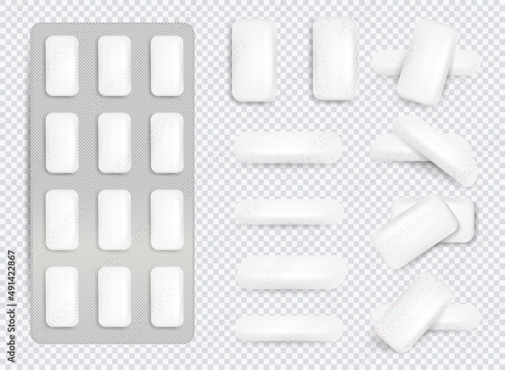 Set of realistic chewing gums isolated on dark background. Mint Bubblegum Realistic Set. Chewing gum mockups, stripes, tablets in blister pack and roll in container. Set of realistic chewing gums isolated on dark background. Mint Bubblegum Realistic Set. Chewing gum mockups, stripes, tablets in blister pack and roll in container.