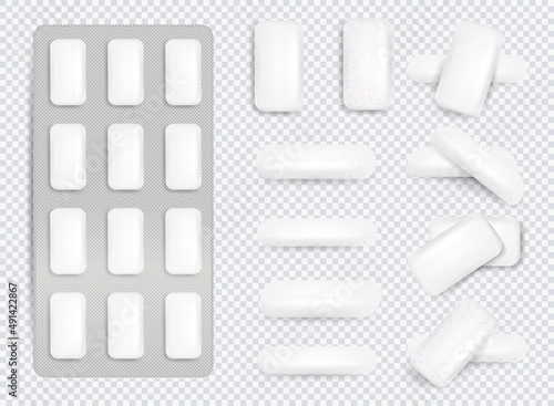 Set of realistic chewing gums isolated on dark background. Mint Bubblegum Realistic Set. Chewing gum mockups, stripes, tablets in blister pack and roll in container.