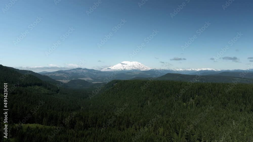 Mount Saint Helens dominates the lush green evergreen trees, Gifford Pinchot National Forest, aerial Mount Saint Helens dominates the lush green evergreen trees, Gifford Pinchot National Forest, aerial