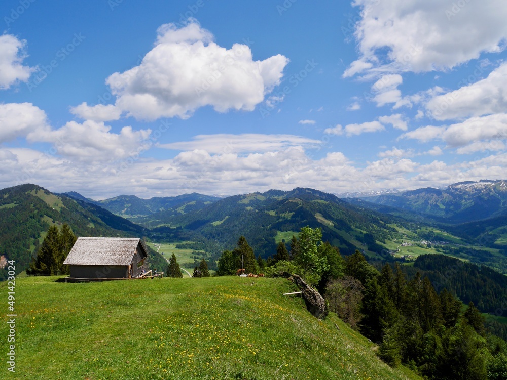 Panoramic view of Hittisberg in Bregenzerwald. Vorarlberg, Austria.
