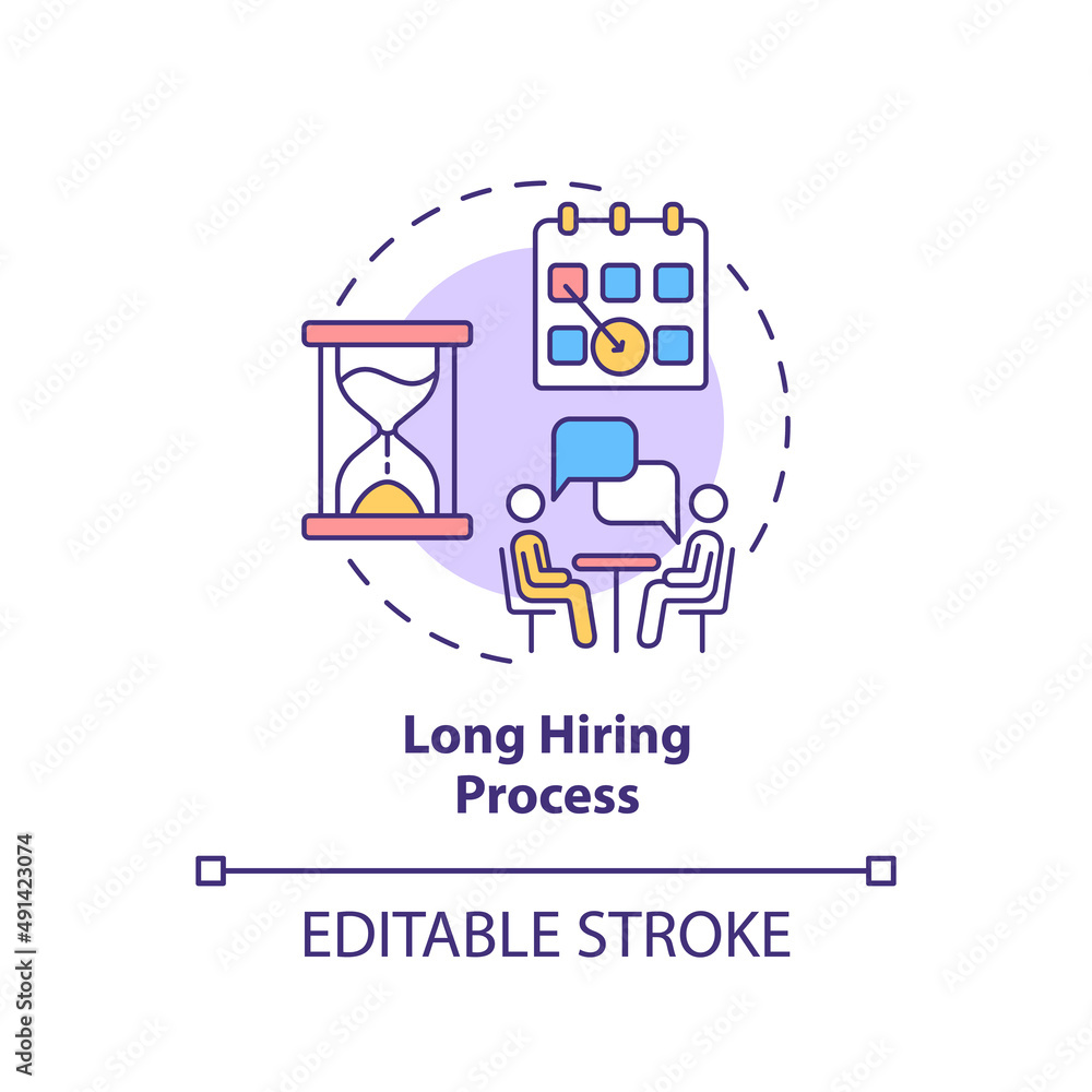 Long hiring process concept icon. Red flag in job interview abstract idea thin line illustration. Low professionalism. Isolated outline drawing. Editable stroke. Arial, Myriad Pro-Bold fonts used Long hiring process concept icon. Red flag in job interview abstract idea thin line illustration. Low professionalism. Isolated outline drawing. Editable stroke. Arial, Myriad Pro-Bold fonts used