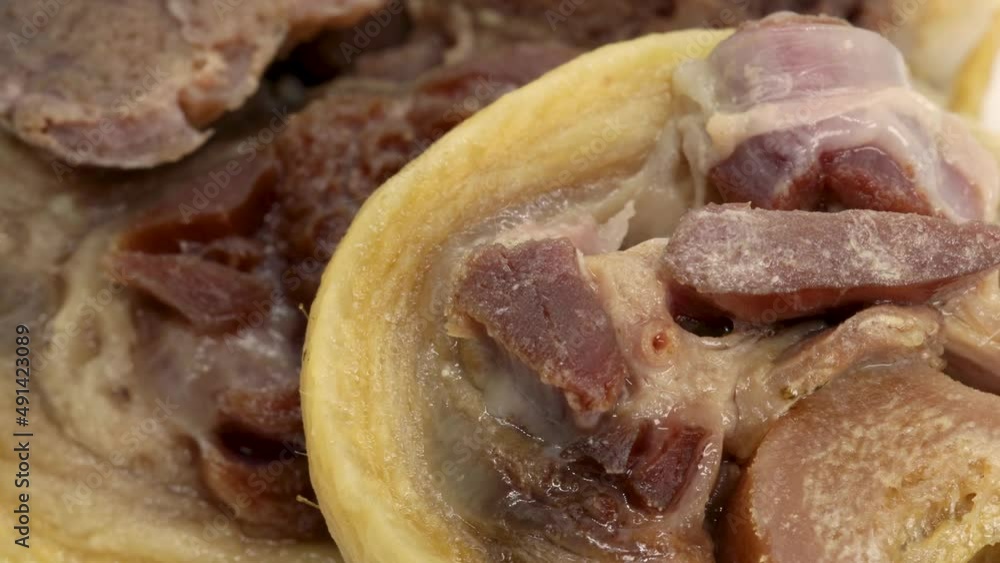 Cooked pork ham bone open cut rotation. Pig ham meat, skin, fat and cartilague. Cooked pork ham bone open cut rotation. Pig ham meat, skin, fat and cartilague.