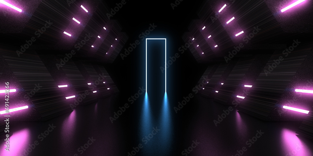 Obraz premium 3D abstract background with neon lights. neon tunnel .space construction . .3d illustration