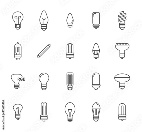 Light bulb line icon set. Lightbulb stroke lamp energy save electric fluorescent spot thin diode economy bulb symbol