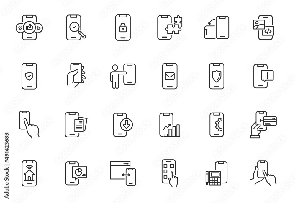 Mobile app hand hold phone line icon. Vector thin smart phone device digital application set design screen template Mobile app hand hold phone line icon. Vector thin smart phone device digital application set design screen template