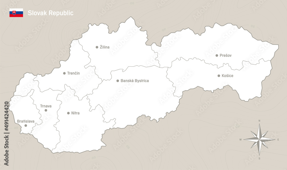 Obraz premium Vector simple line map of the Slovak Republic with marked regions.