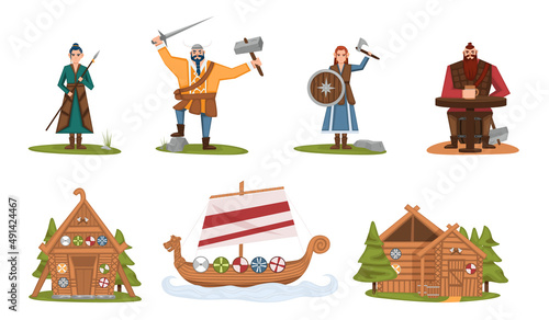 The Vikings. Viking cartoon characters. Drakkar, wooden sail boat, wooden house. Scandinavian mythologyy characters norway costume vikings warrior. Viking and warrior, norway scandinavian people
