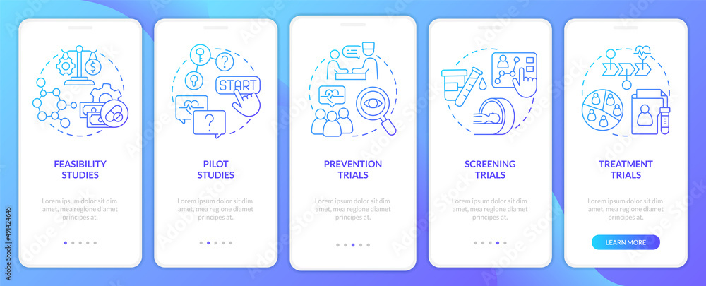 Fototapeta premium Types of clinical studies blue gradient onboarding mobile app screen. Walkthrough 5 steps graphic instructions pages with linear concepts. UI, UX, GUI template. Myriad Pro-Bold, Regular fonts used