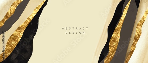 Beige, ivory, grey, black watercolor art. Elegant, chic wallpaper with golden strokes.
