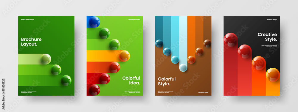 Unique realistic spheres banner layout composition. Geometric magazine cover A4 design vector template set.