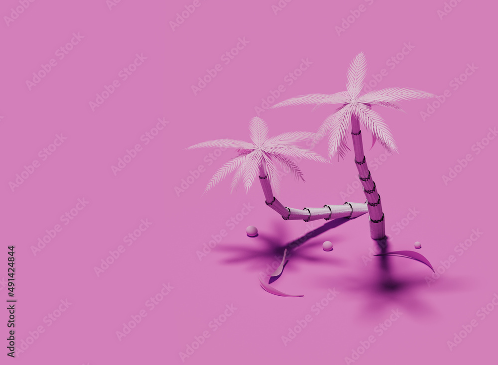 Two pink palm trees isolated on pink background. 3d render