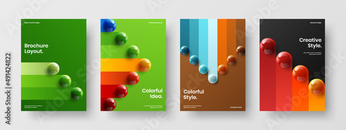 Unique realistic spheres banner layout composition. Geometric magazine cover A4 design vector template set.