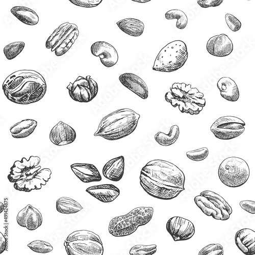 Nuts seamless pattern. Hand drawn elements. Sketch almond, brazil nut, nutmeg, macadamia, cashew, pecan, peanut, pistachio, chestnut.Vector Illustration for design package, menu