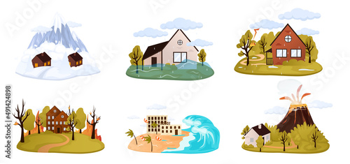 Natural disaster, catastrophe set of vector illustrations with tornado, blizzard, fire, tsunami isolated compositions with various kinds of elemental calamities and catastrophes vector illustration