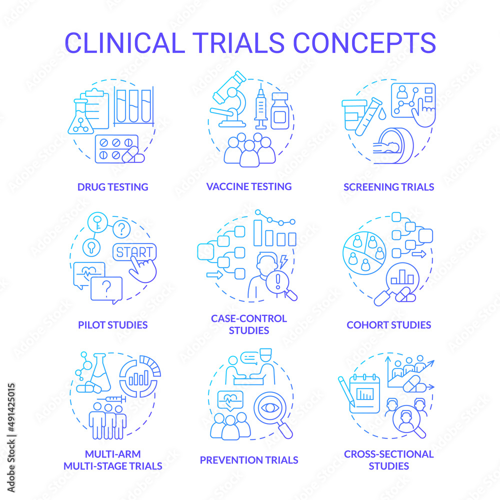 Clinical trials blue gradient concept icons set. Healthcare study. Medical research idea thin line color illustrations. Isolated symbols. Editable stroke. Roboto-Medium, Myriad Pro-Bold fonts used