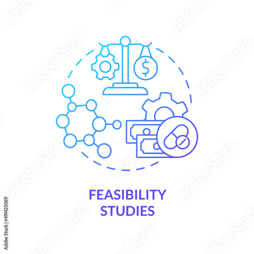 Feasibility studies blue gradient concept icon. Information analyzing. Type of clinical trials abstract idea thin line illustration. Isolated outline drawing. Myriad Pro-Bold font used