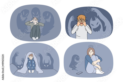 Set of small kids feel scared terrified of monsters. Collection of people paralyzed with fear struggle with panic attack or anxiety. Mental or psychological problems. Vector illustration. 