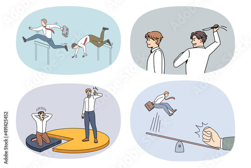 Set of diverse businessman compete for job with rival. Collection of men employees or workers engaged in competition for workplace. Rivalry and opposition. Flat vector illustration. 