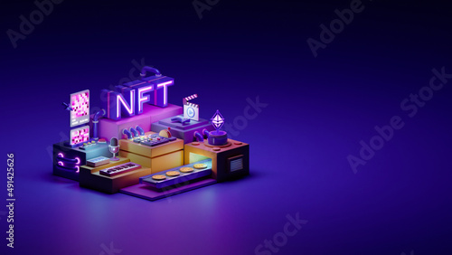NFT Non-Fungible Token Cryptocurrency unique items art games characters collectibles exchanging technology network virtual blockchain marketplace concept. 3d rendering. photo