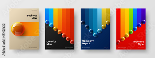 Fresh poster A4 design vector illustration composition. Vivid 3D spheres corporate brochure template bundle.
