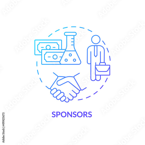 Sponsors blue gradient concept icon. Medicine financial support. Safety of clinical trials guaranty abstract idea thin line illustration. Isolated outline drawing. Myriad Pro-Bold font used