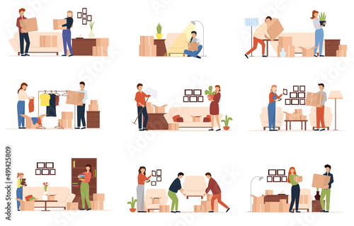 People moving into a new house with things. Set of people moving or leaving their homes and offices. Family couples pack belongings and relocating to new apartments.