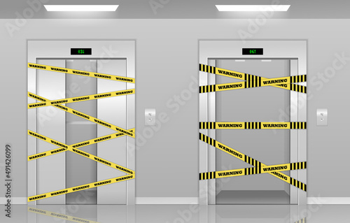 Realistic 3d broken elevators on repair with warning yellow tape. Broken elevators closed for repair or maintenance. Elevators with with closed, opened and half closed doors under repair realistic