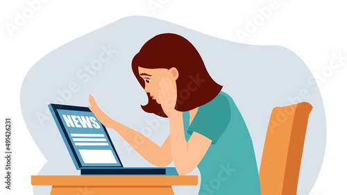 vector of a woman at home watches bad news on the laptop with fear and surprise