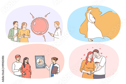 Set of happy woman pregnant with baby. Collection of family growing planning pregnancy. Ivf treatment and fertility. Smiling spouses waiting for childbirth. Vector illustration. 
