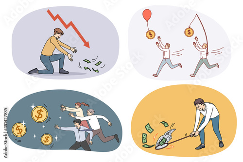 Collection of motivated businesspeople run catch money strive for business success. Set of employees chase after banknotes and coins. Finance and banking. Vector illustration. 