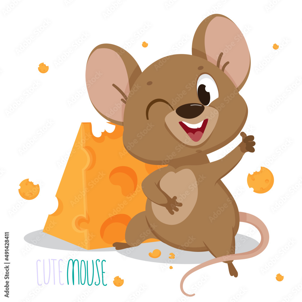Cute vector mouse character in cartoon style. The mouse is eating cheese. Postcard. Children's poster. Children's print. Cute vector mouse character in cartoon style. The mouse is eating cheese. Postcard. Children's poster. Children's print.