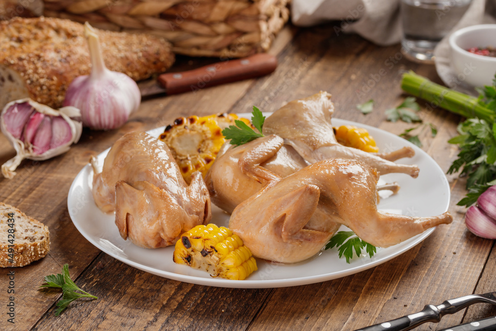 Roasted whole quails with corn Roasted whole quails with corn
