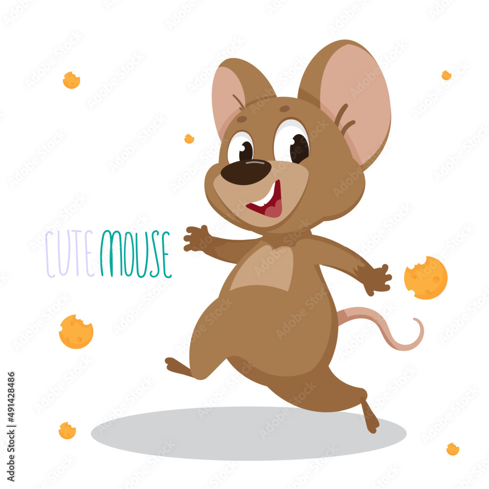 Cute vector mouse character in cartoon style. The mouse runs away. Postcard. Children's poster. Children's print. Cute vector mouse character in cartoon style. The mouse runs away. Postcard. Children's poster. Children's print.