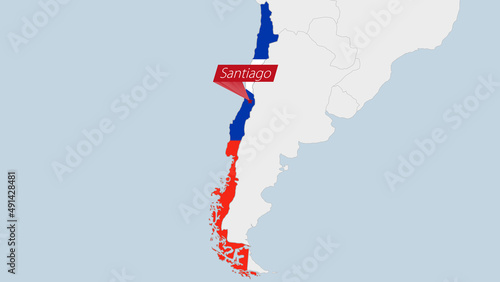 Chile map highlighted in Chile flag colors and pin of country capital Santiago.