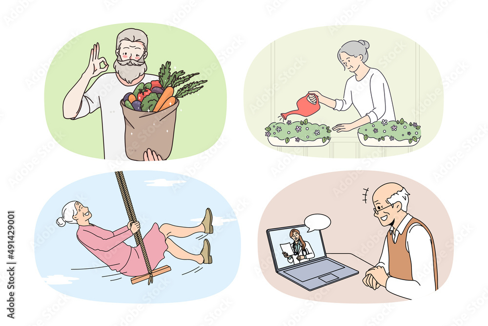 Collection of smiling active mature people have fun relax on retirement. Set of happy energetic elderly men and women enjoy good maturity. Pension and hobby concept. Vector illustration. 