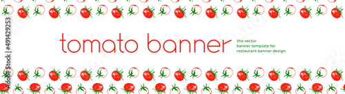 Design of tomato banner template. Organic ingredients for healthy food concept, vegetarian food banner with red tomatoes background, eco store and farmers market. Tomato pattern for ad cooking blog.
