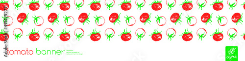 Fototapeta Naklejka Na Ścianę i Meble -  Design of tomato banner template. Organic ingredients for healthy food concept, vegetarian food banner with red tomatoes background, eco store and farmers market. Tomato pattern for ad cooking blog.