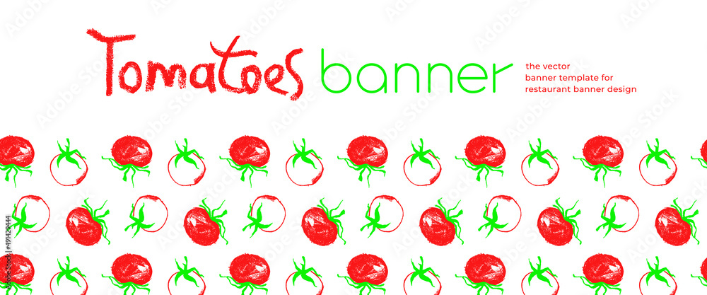Design of tomato banner template. Organic ingredients for healthy food concept, vegetarian food banner with red tomatoes background, eco store and farmers market. Tomato pattern for ad cooking blog.