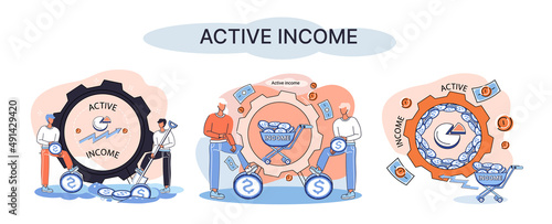Active income obtained in course of certain activity using your knowledge and skills, getting paid for work. Works, earns salary. Idea of financial growth, business development, wages. Activity growth