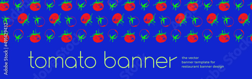 Design of tomato banner template. Organic ingredients for healthy food concept, vegetarian food banner with red tomatoes background, eco store and farmers market. Tomato pattern for ad cooking blog.