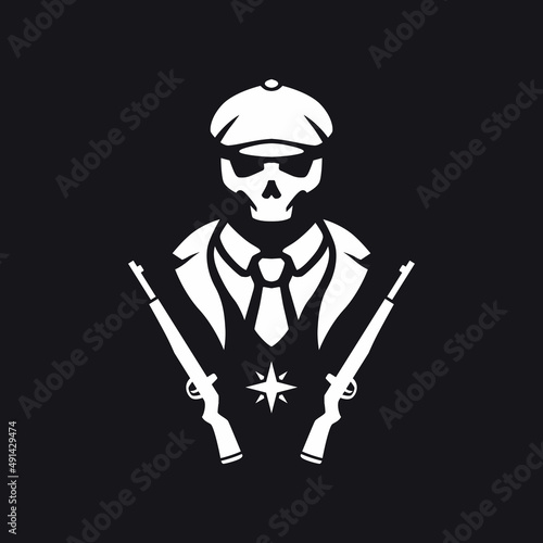 Skull head wearing flat hat with British gangster style clothes vector image. Can be used for labels, signs, streamer logos and clothing designs.