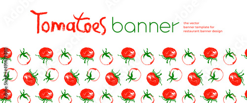 Design of tomato banner template. Organic ingredients for healthy food concept, vegetarian food banner with red tomatoes background, eco store and farmers market. Tomato pattern for ad cooking blog.