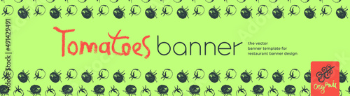 Design of tomato banner template. Organic ingredients for healthy food concept, vegetarian food banner with red tomatoes background, eco store and farmers market. Tomato pattern for ad cooking blog.