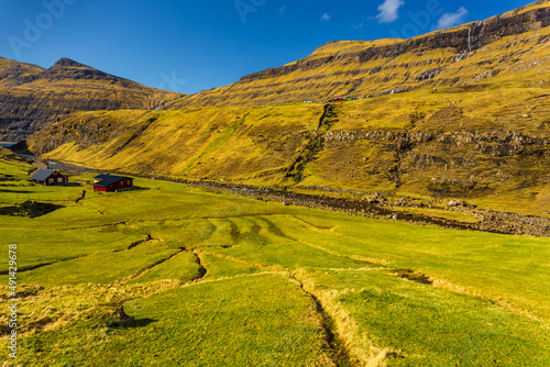 Mountain landscape in Osin Bay. Saksun, Faroe Islands.