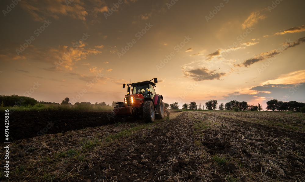 Tractor on the field during sunset. Tractor on the field during sunset.