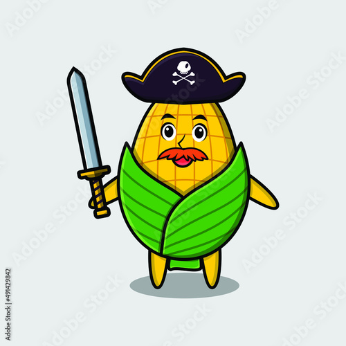 Cute cartoon mascot character corn pirate with hat and holding sword in modern design for t shirt, sticker, logo element