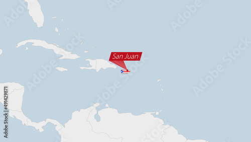 Puerto Rico map highlighted in Puerto Rico flag colors and pin of country capital San Juan.