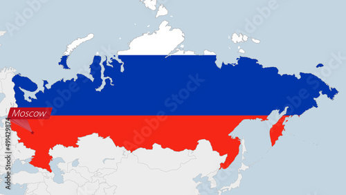 Russia map highlighted in Russia flag colors and pin of country capital Moscow.