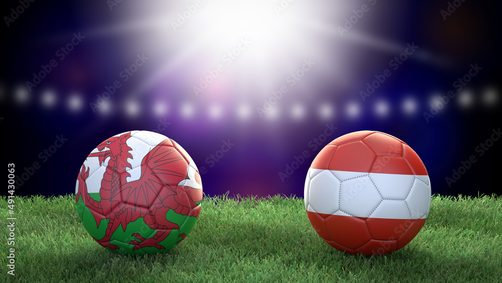 Fototapeta premium Two soccer balls in flags colors on stadium blurred background. Wales vs Austria. 3d image