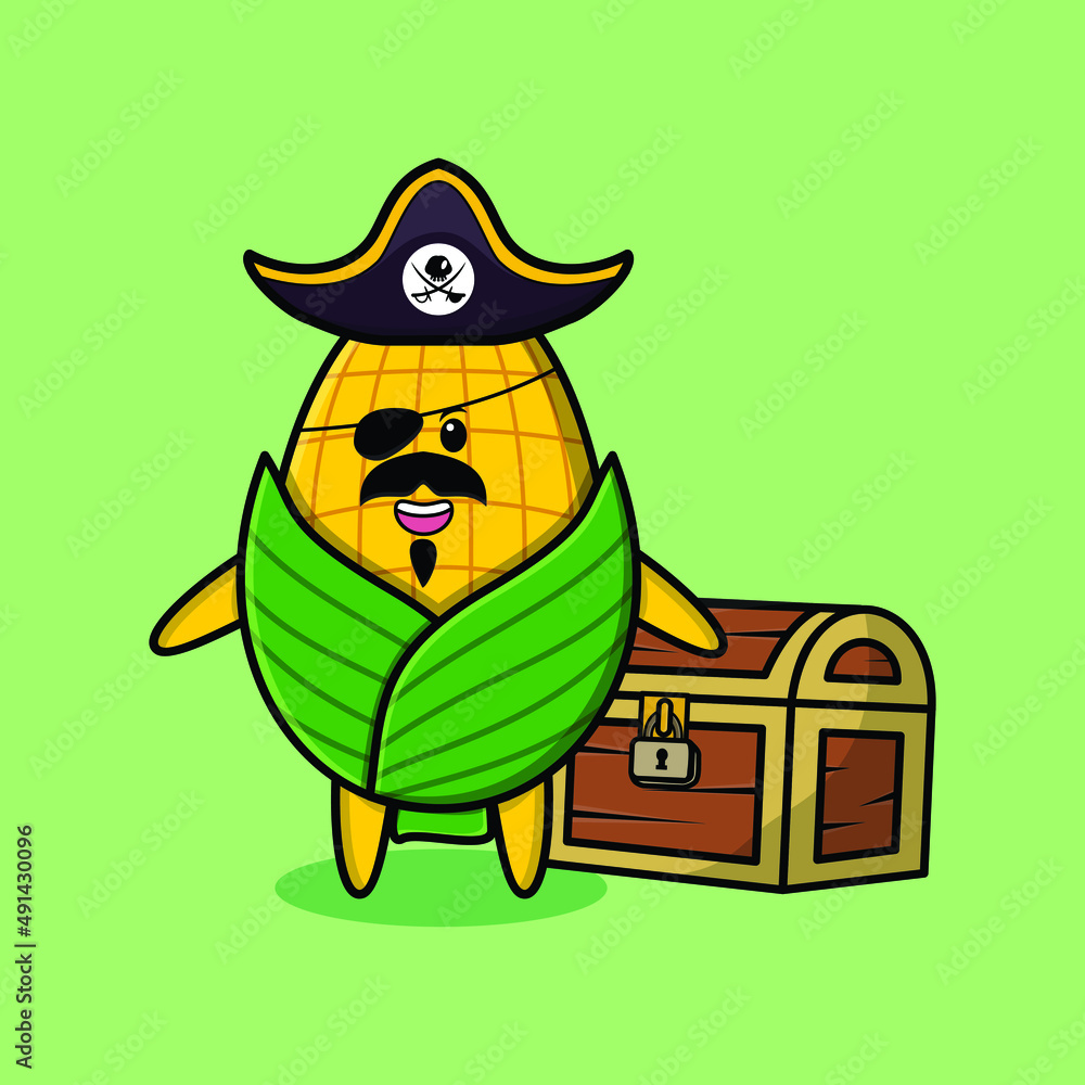 Obraz premium Cute cartoon character Corn pirate with treasure box in modern style design for t-shirt, sticker logo element